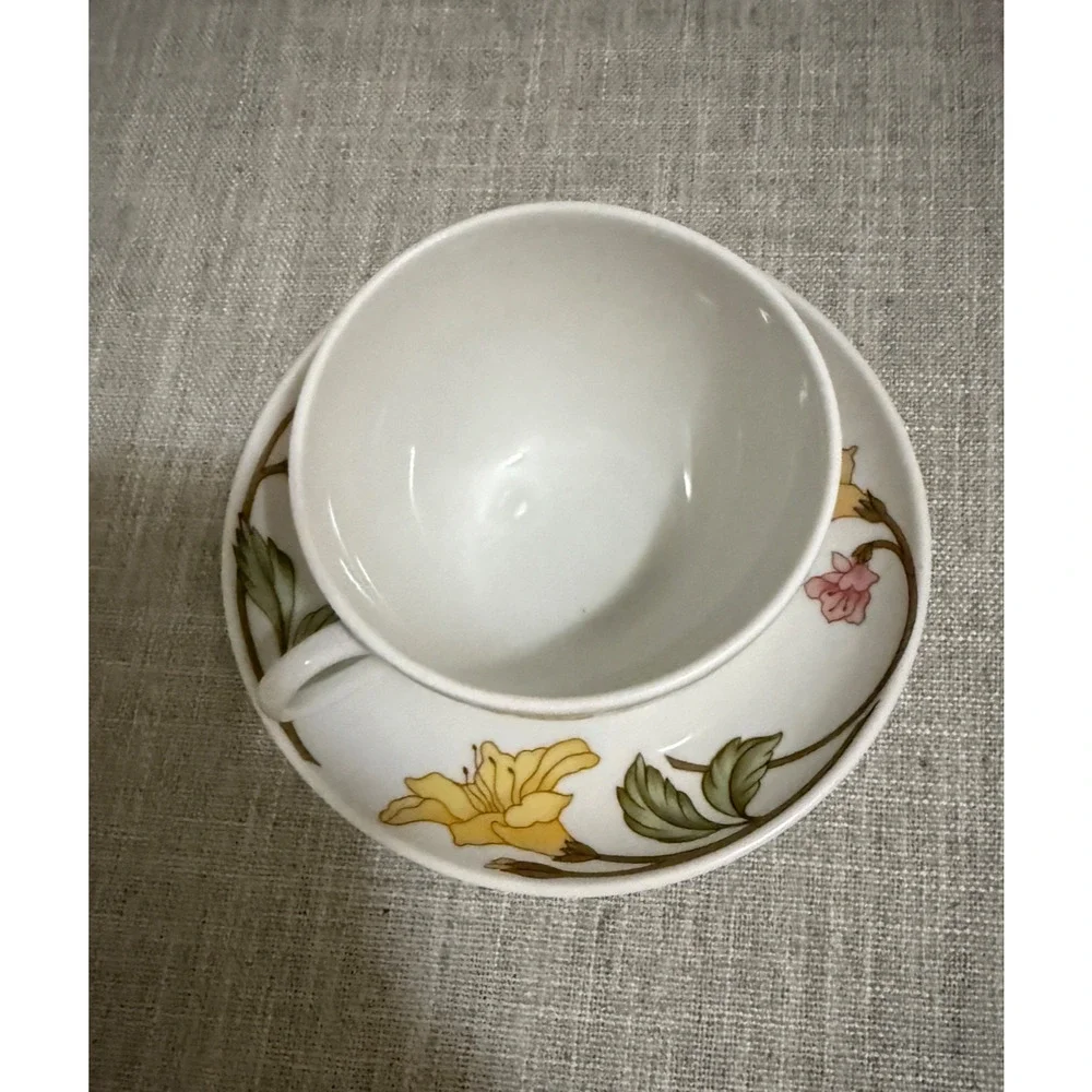 🌸 Vintage Les Volutes Pillivuyt France Cup & Saucer – Floral Yellow/Pink China